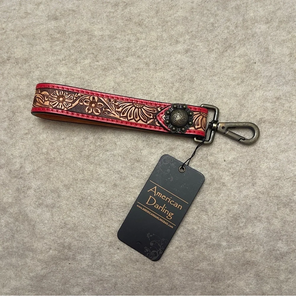 American Darling ADWSF103 Tooled Genuine Leather Keychain Wristlet Red Brown New